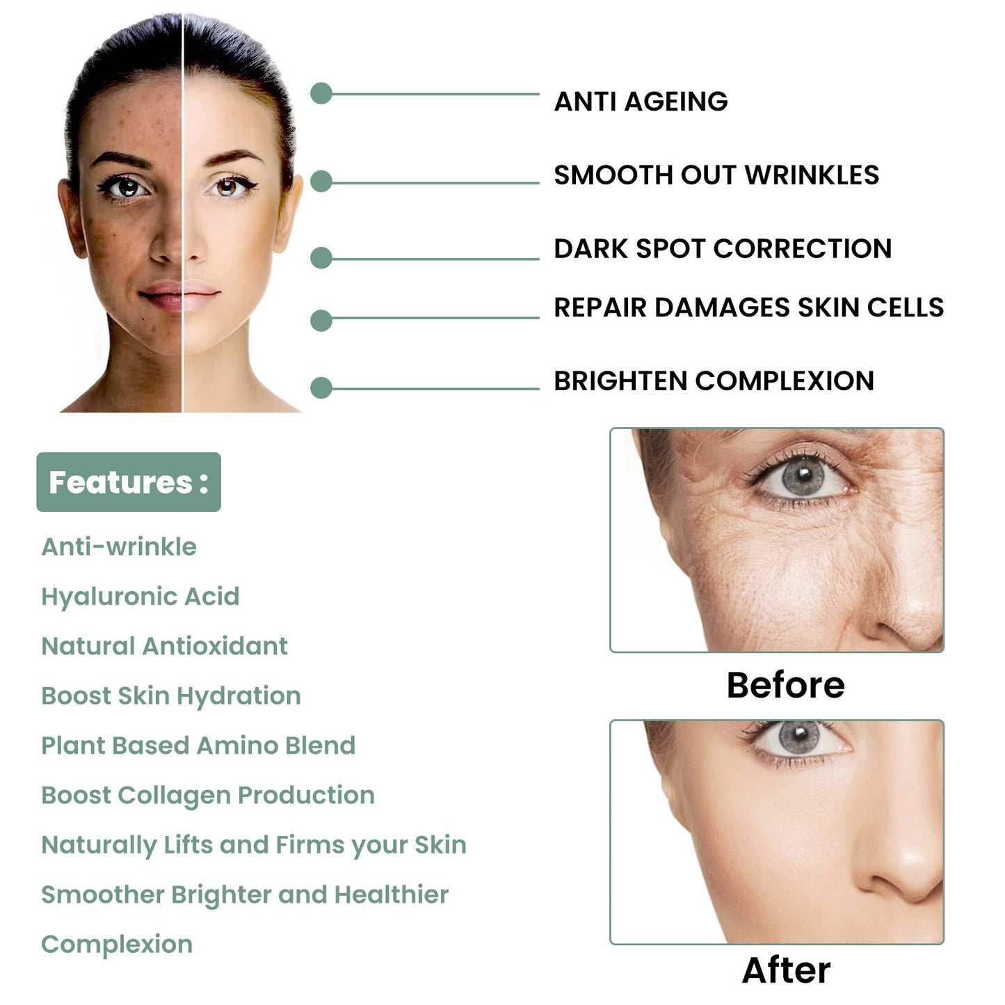 OEM Anti Wrinkle Collagen Boost Serum with Hyaluronic Acid, Daily Serum for Reducing Dark Spots