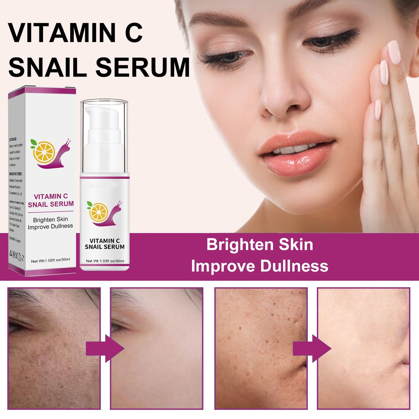 OEM Brightening Hydrating Vitamin C Snail Serum for All Skin Type, Improve Dullness