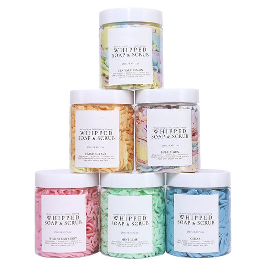 Private Label Exfoliating Whitening Body Scrub Many Color Flower Sea Salt Scrub Whipped Soap Scrub