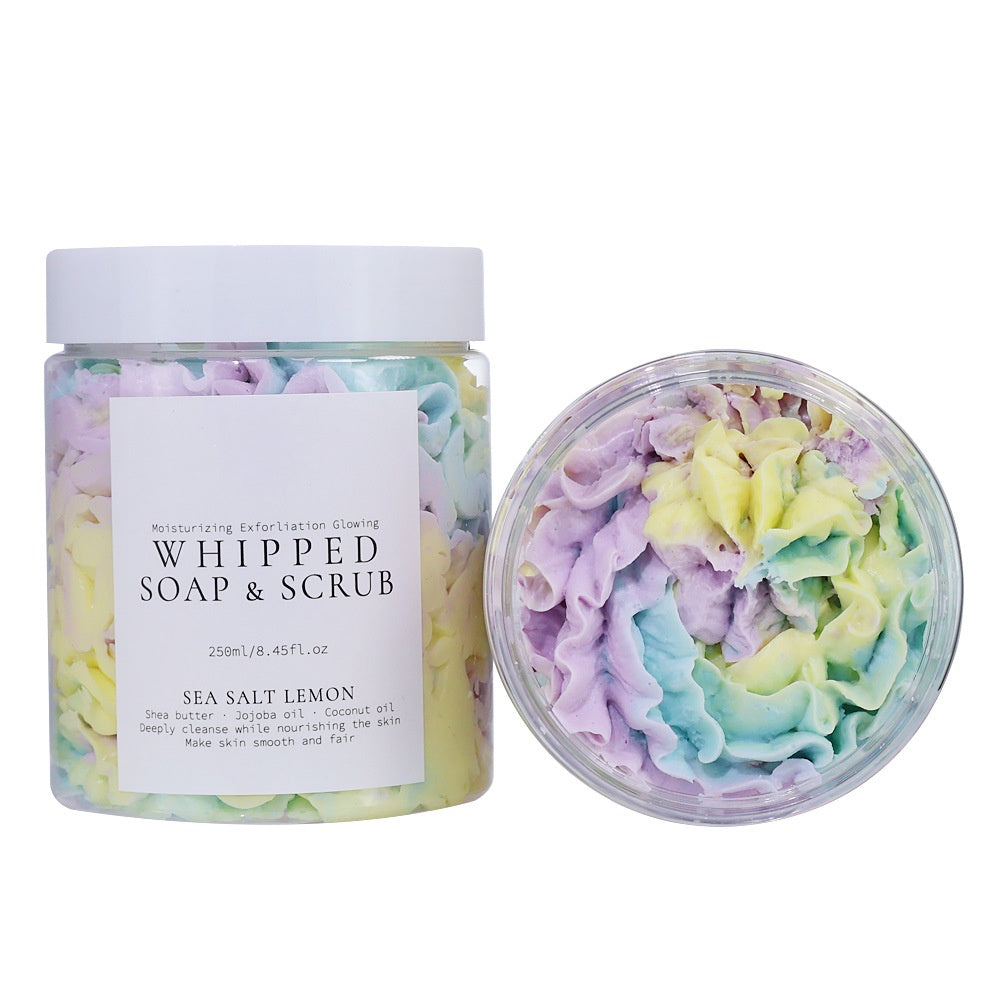 Private Label Exfoliating Whitening Body Scrub Many Color Flower Sea Salt Scrub Whipped Soap Scrub