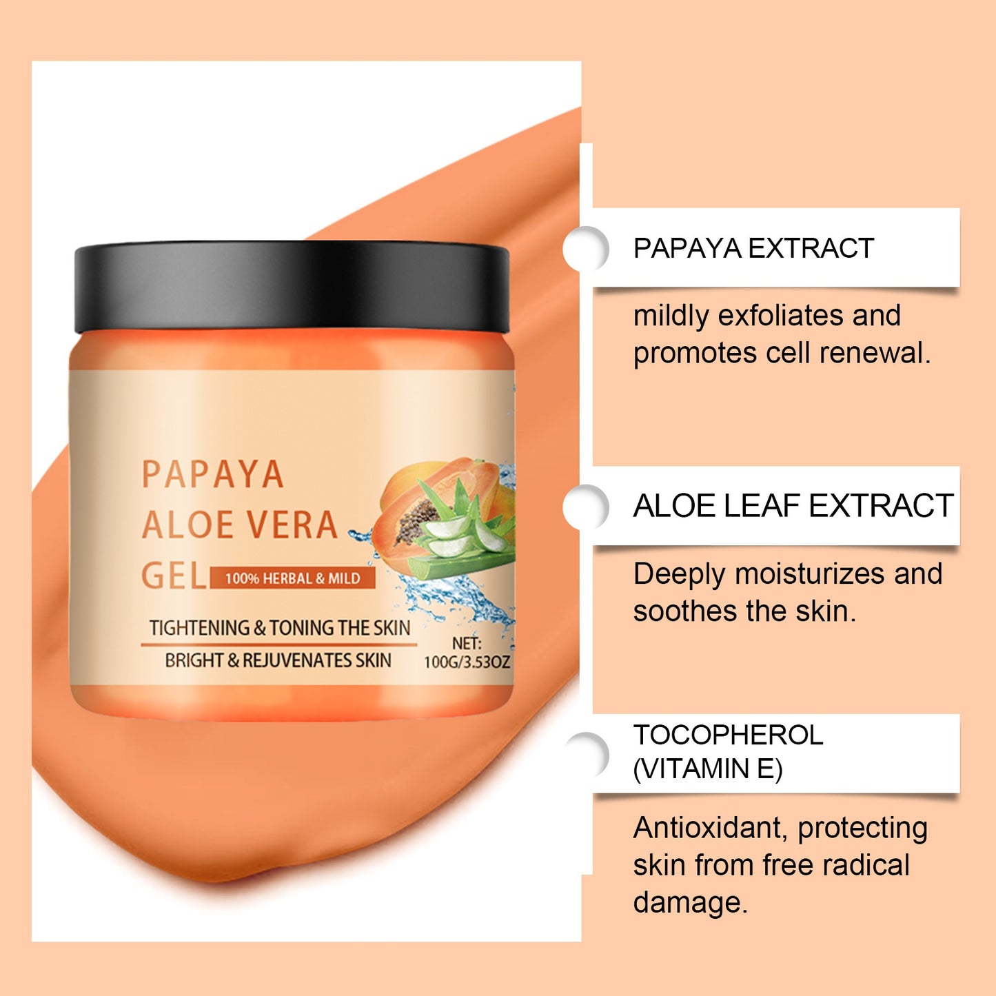 OEM ODM Smoothing Moisturizer Papaya Aloe Vera Gel Hydrating Moisturizing Improving Skin After Sun Exposure