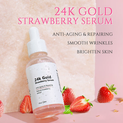 OEM Anti Aging Wrinkle Skin Care Dark Spot Remover Whitening 24K Gold Leaf Strawberry Face Serum