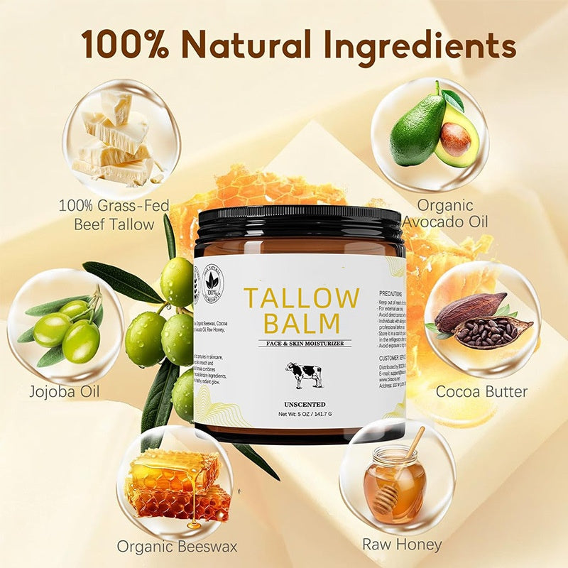 Grass-Fed Tallow Face Balm with Jojoba Oil, Raw Honey Face Body Moisturizer for Dry Skin