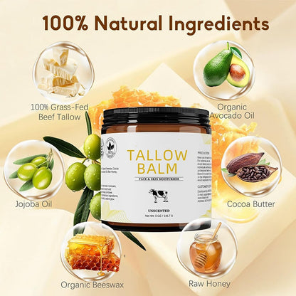 Grass-Fed Tallow Face Balm with Jojoba Oil, Raw Honey Face Body Moisturizer for Dry Skin